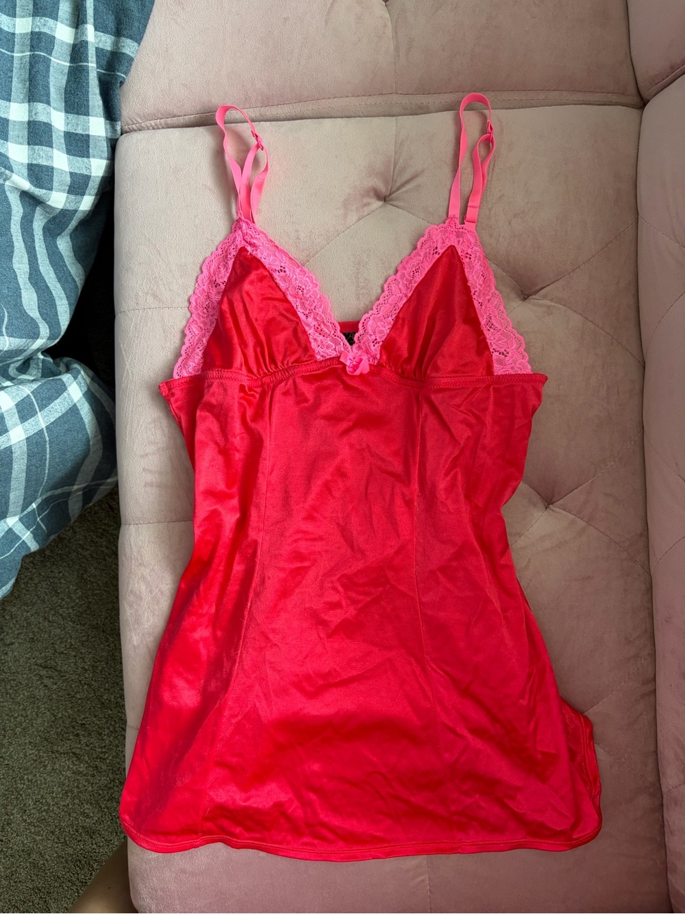 Red Satin Tank Top with Pink Lace Trim